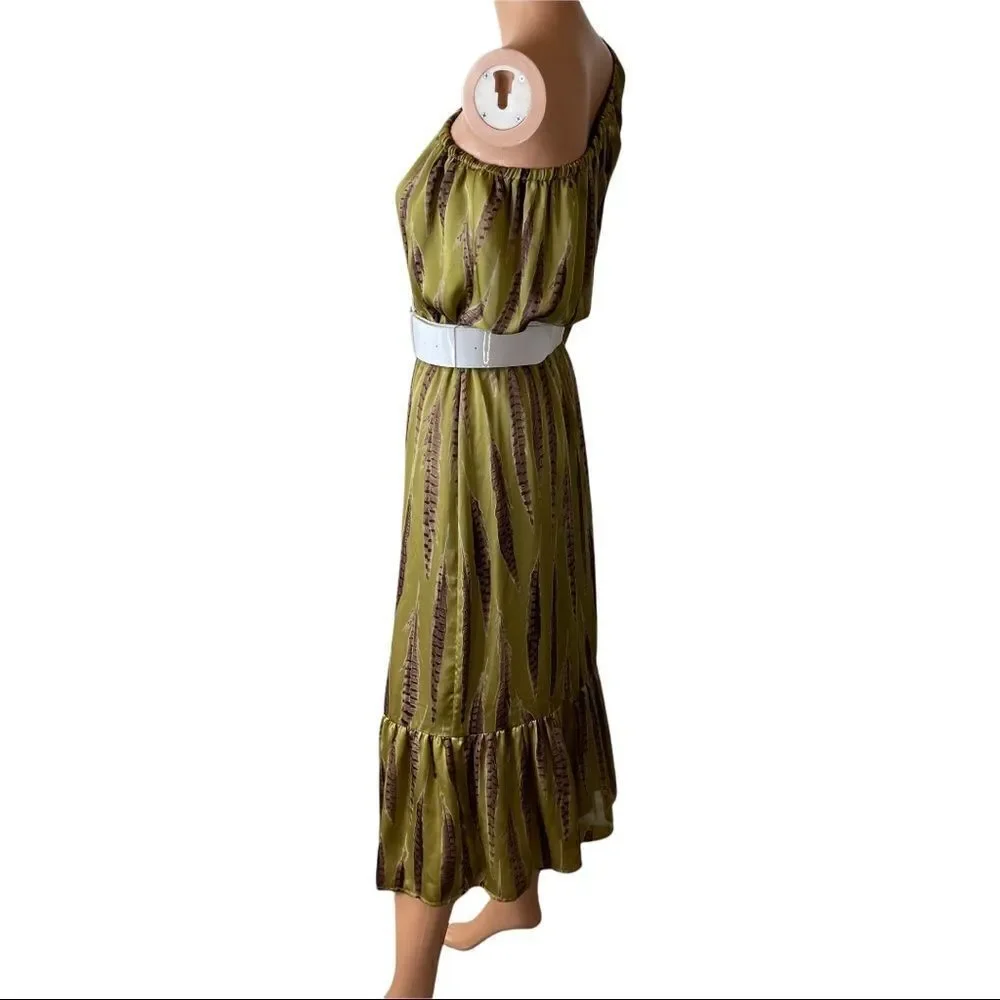 Michael Kors Tarragon Peasant One Shoulder MIDI Dress XSMALL